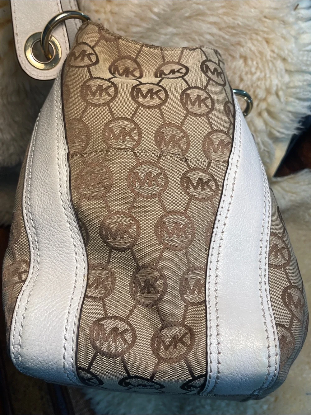 Michael Kors Beige Signature Drawstring Shoulder Bag with White Trim